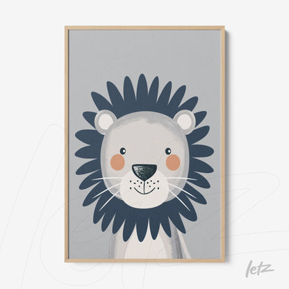 framed artwork featuring a cute lion with dark spiky mane against a gray background and wooden frame