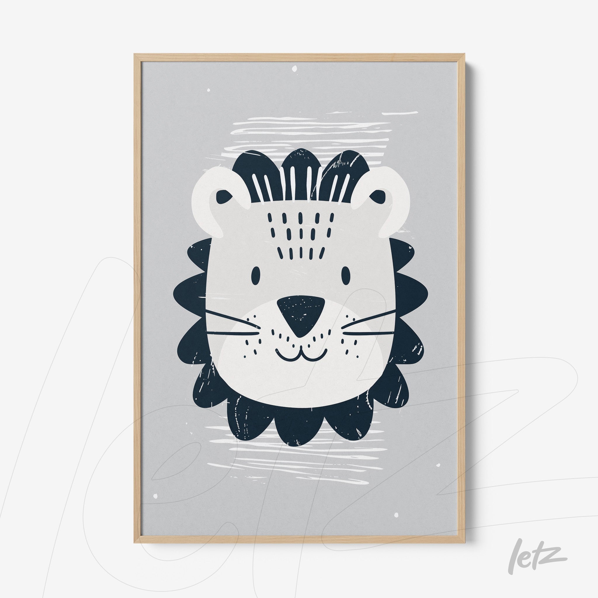framed wall art featuring a stylized lion illustration on gray background with light wood frame