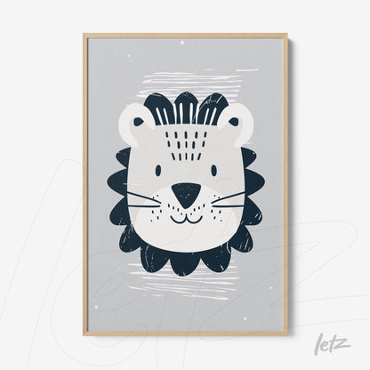 framed wall art featuring a stylized lion illustration on gray background with light wood frame