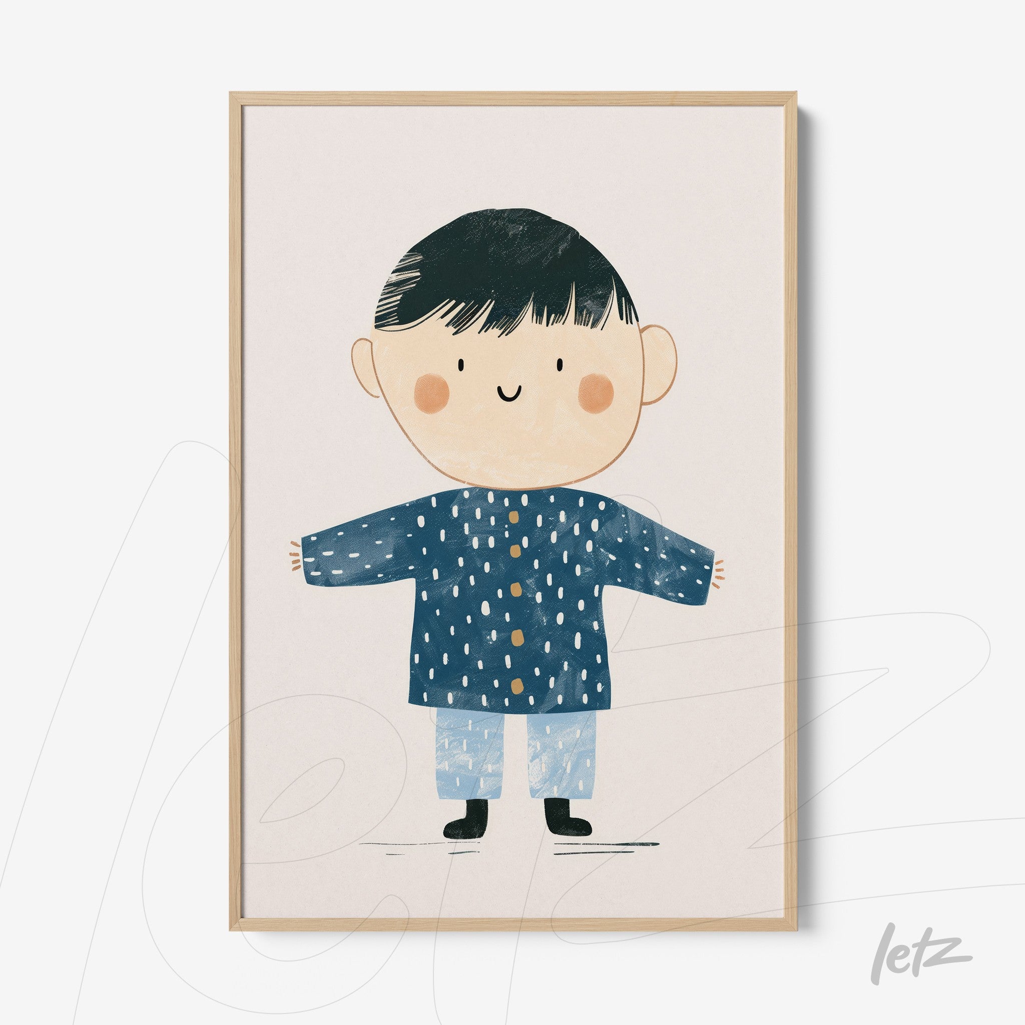 framed wall art featuring a smiling boy illustration wearing a blue coat and light pants