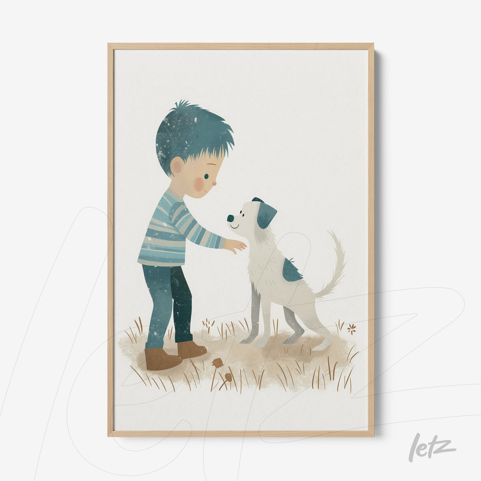 framed children's illustration of a boy petting a dog with a light wood frame