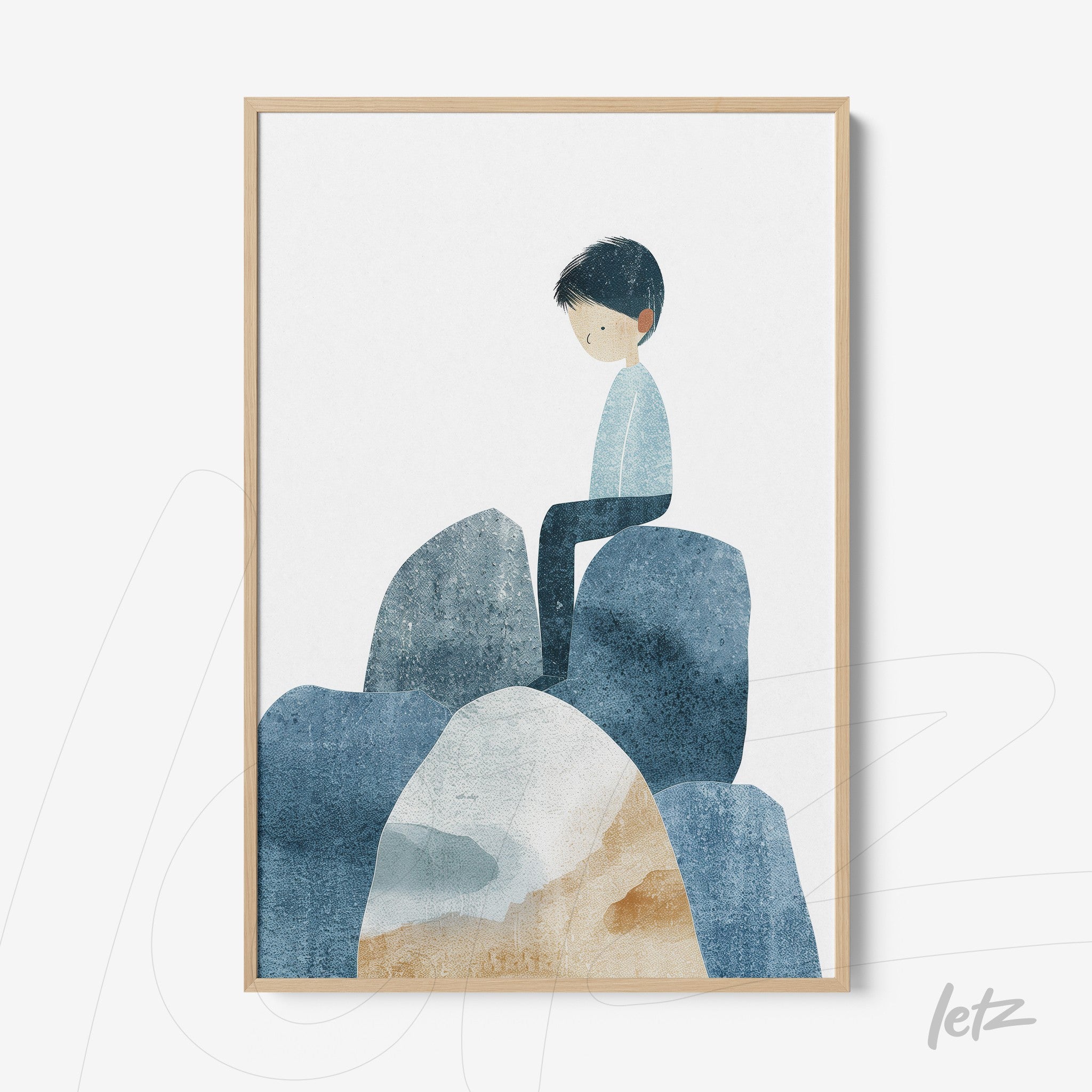 framed illustration of a boy sitting on colorful rocks with a light frame