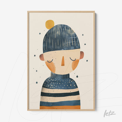 framed modern art of a human figure wearing striped clothing, with a light background and stars around