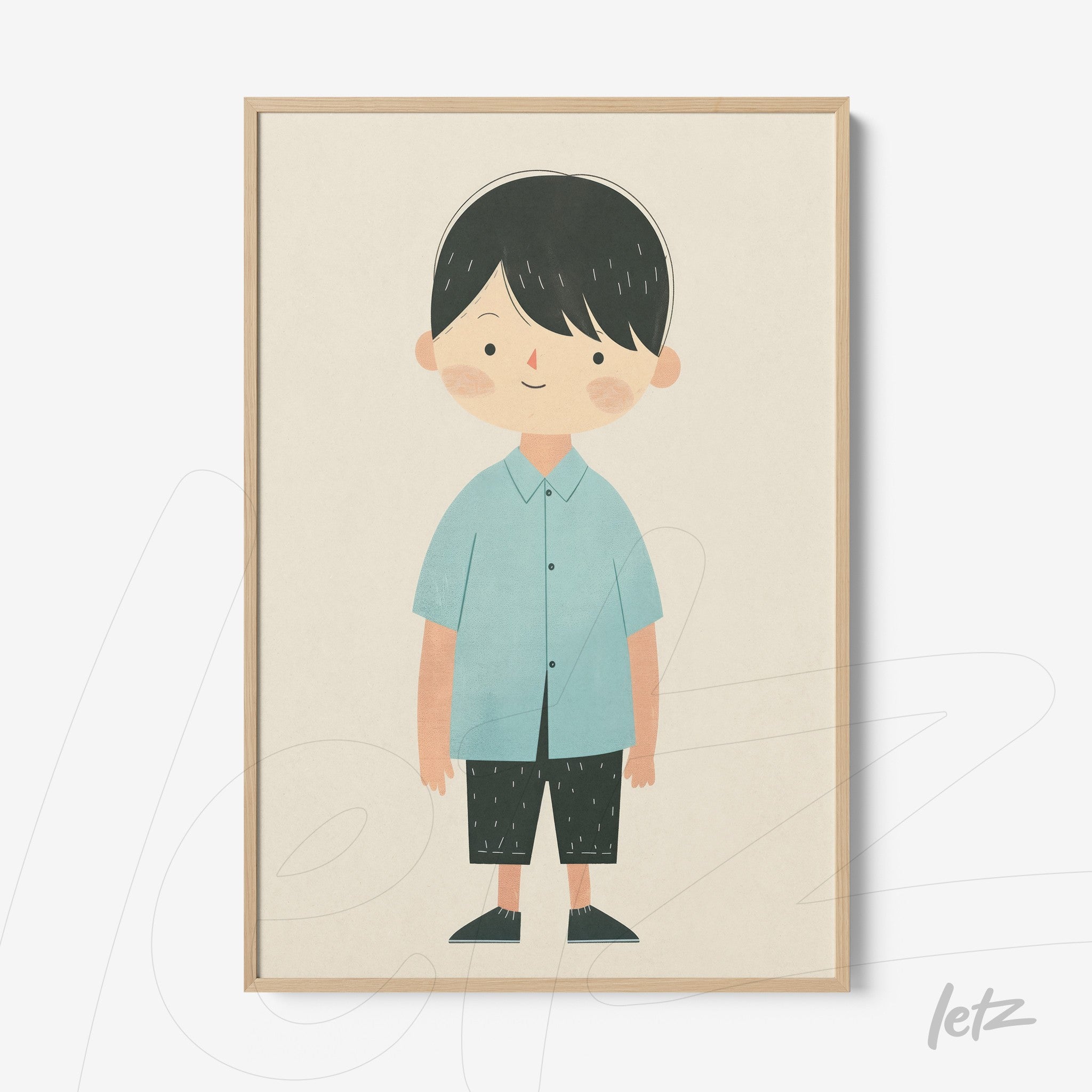 framed wall art featuring a child illustration of a boy wearing a blue shirt and black pants with a light wood frame