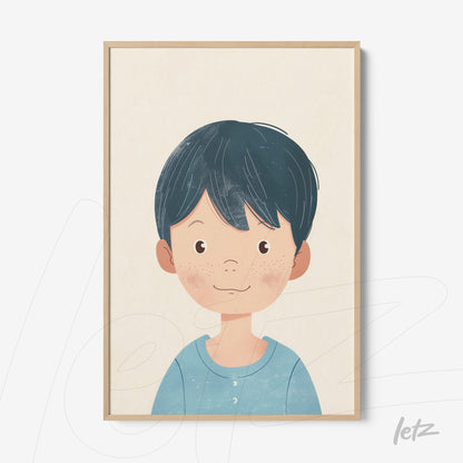 framed illustration of a smiling boy with black hair wearing a blue shirt