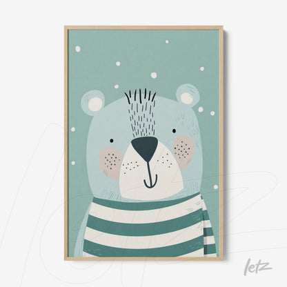 framed wall art featuring a cute bear illustration wearing a striped shirt with a light blue background