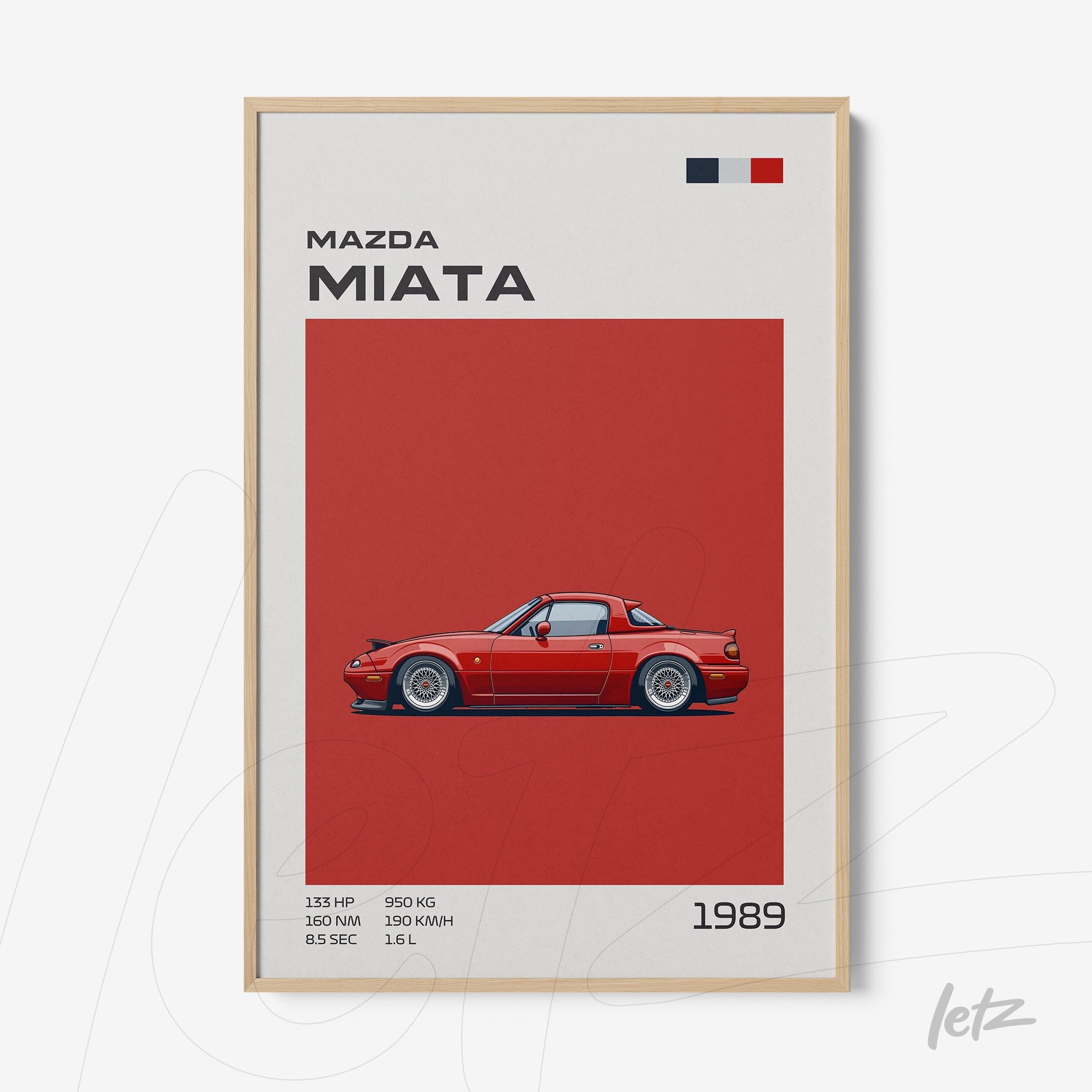 digital artwork of a red Mazda Miata on red background with light wooden frame