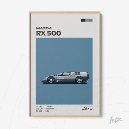 framed minimalist art of the Mazda RX 500 car with light wood frame