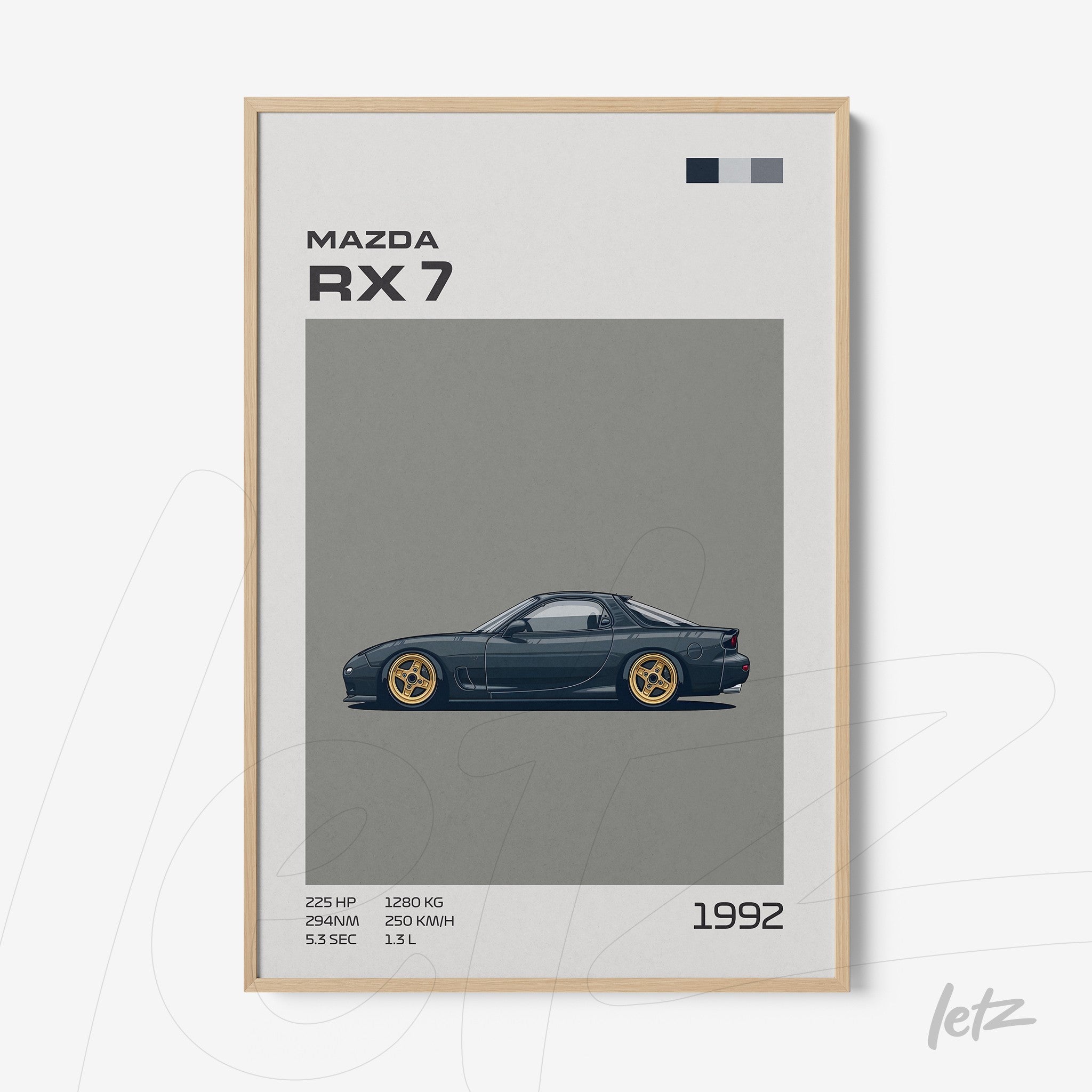 framed art featuring an illustration of a Mazda RX7 on gray background with light wood frame
