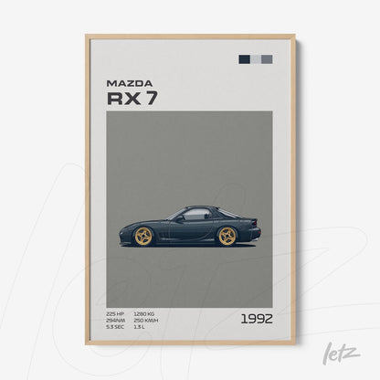 framed art featuring an illustration of a Mazda RX7 on gray background with light wood frame