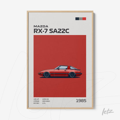 framed wall art featuring illustration of Mazda RX-7 SA22C against red background with light wood frame