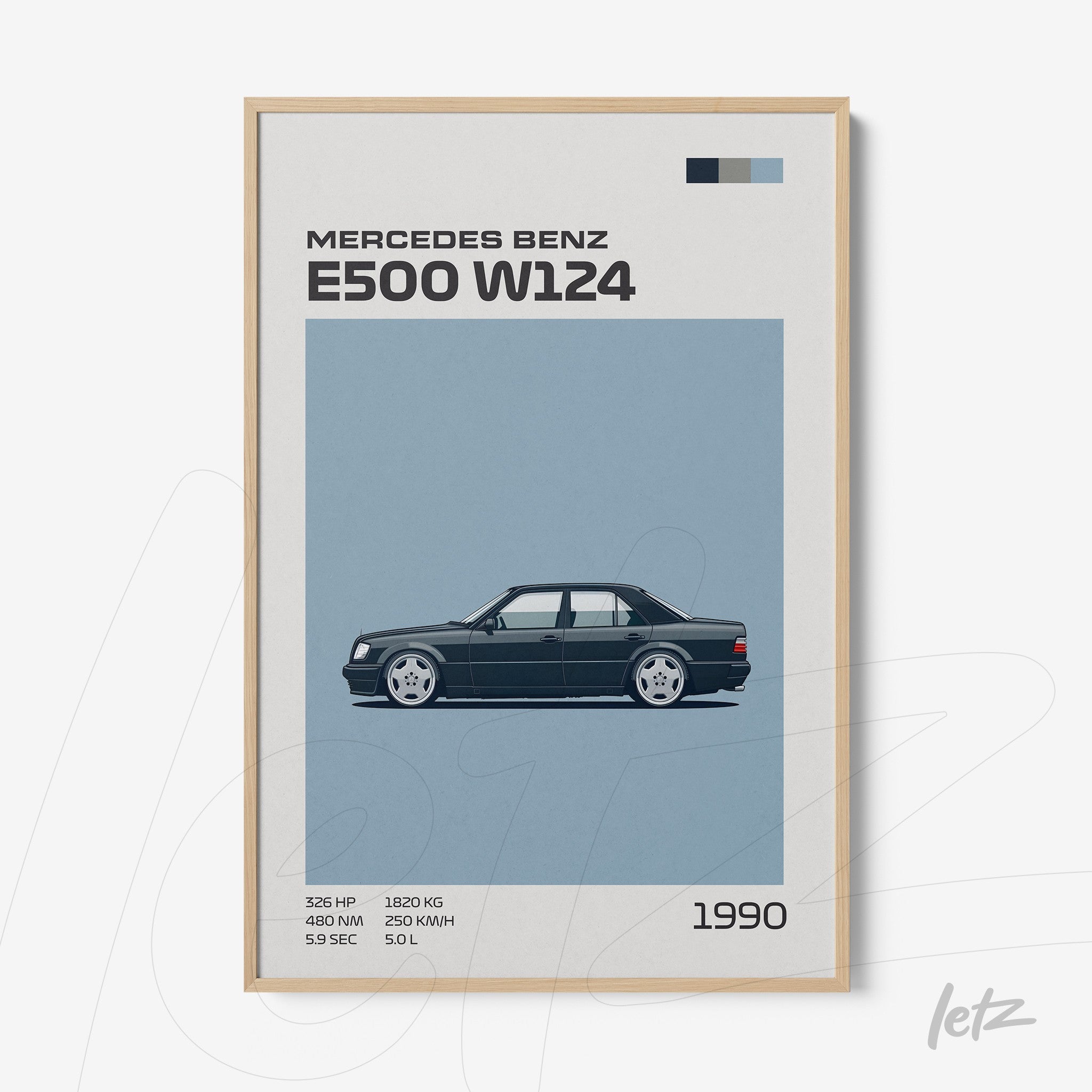 framed graphic art of the 1990 Mercedes Benz E500 W124 in light wooden frame