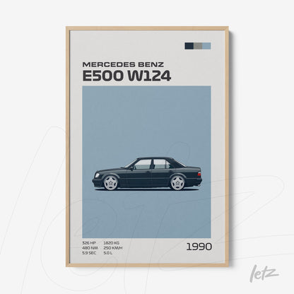 framed graphic art of the 1990 Mercedes Benz E500 W124 in light wooden frame