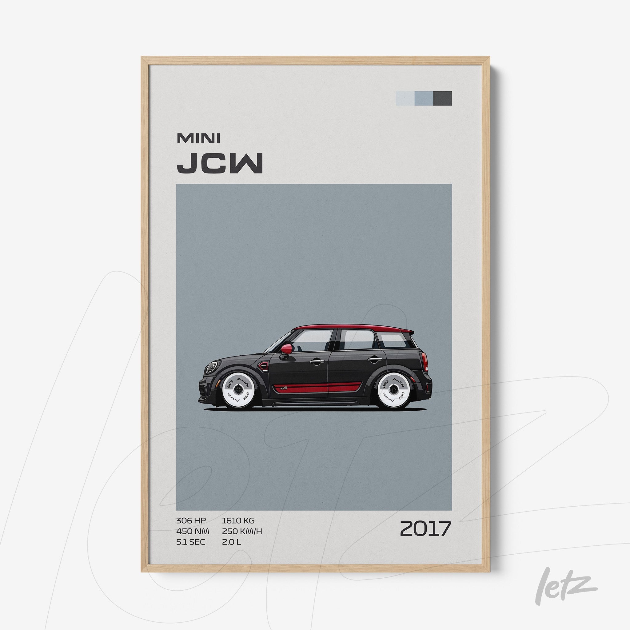 framed wall art featuring a digital illustration of a 2017 Mini John Cooper Works with light wooden frame
