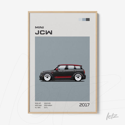 framed wall art featuring a digital illustration of a 2017 Mini John Cooper Works with light wooden frame