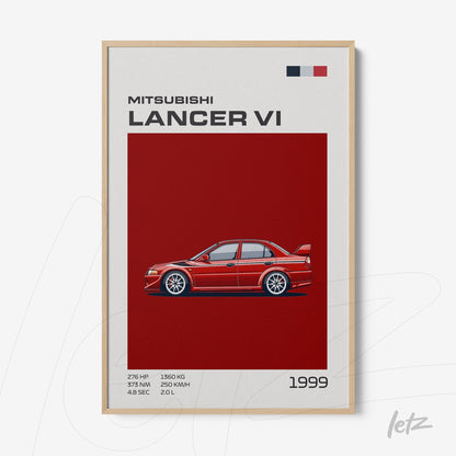 framed artwork featuring the Mitsubishi Lancer VI illustration on a red background with light-colored frame