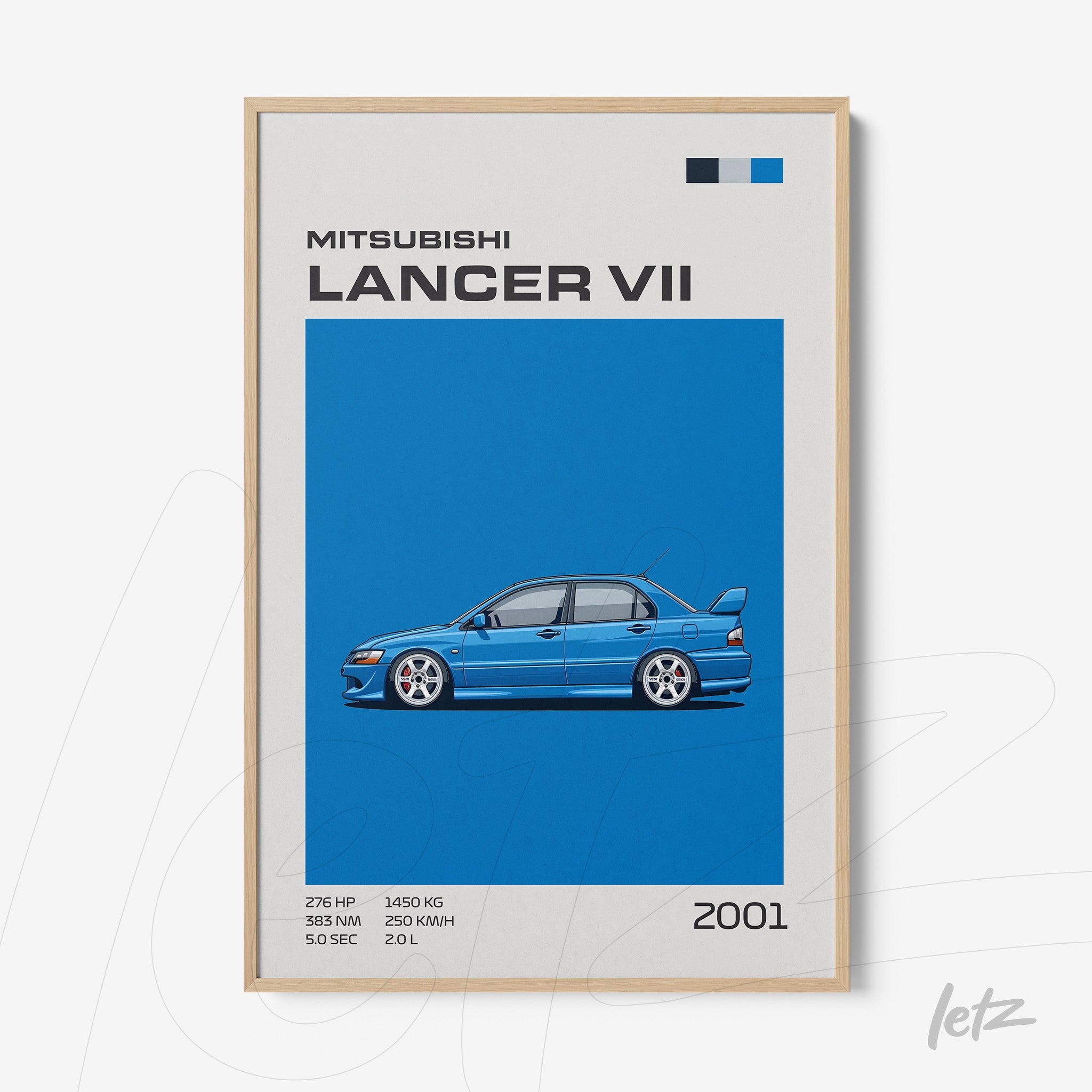 framed artwork featuring the Mitsubishi Lancer VII from 2001 on vibrant blue background with light wood frame