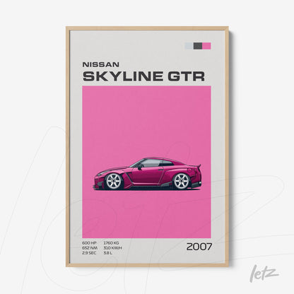 framed digital art of the Nissan Skyline GTR on pink background with light wood frame