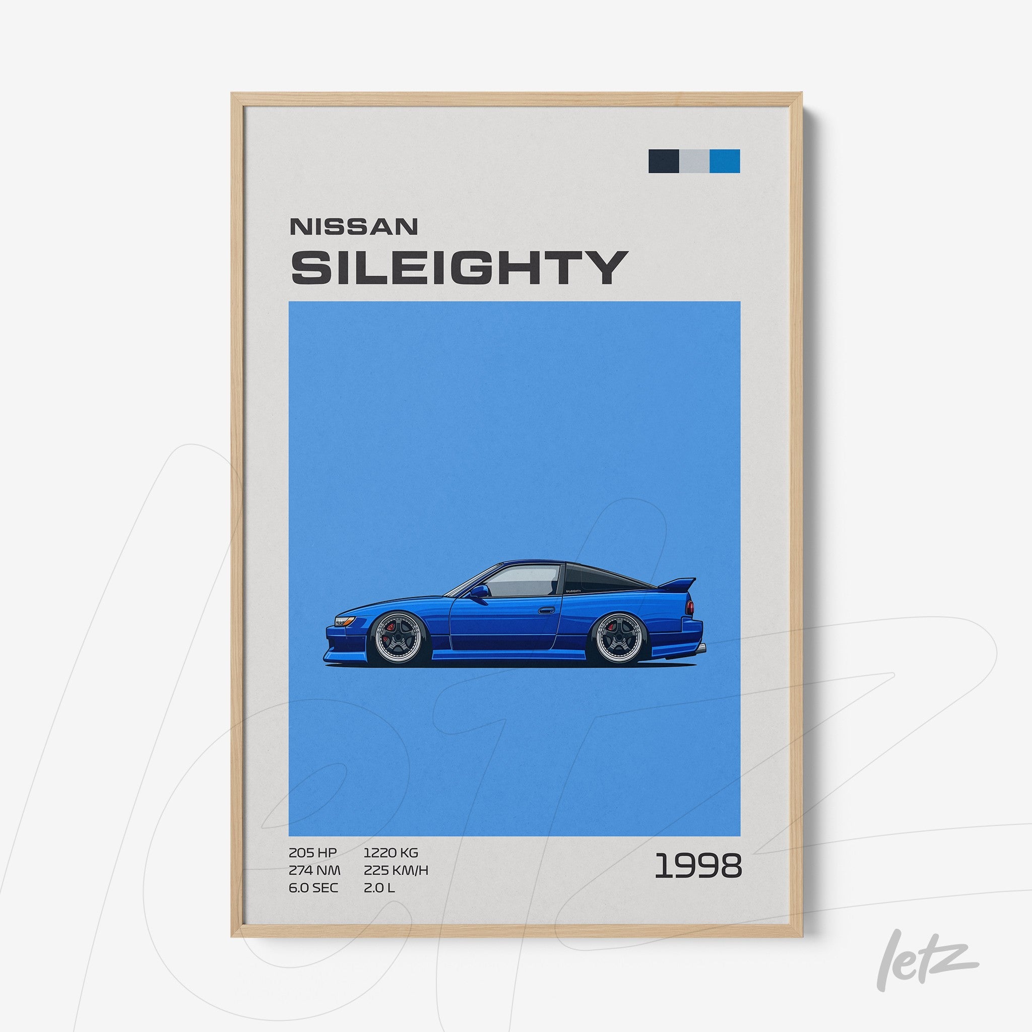 framed art print featuring the Nissan Sil80 car illustration with a vibrant blue background and light frame