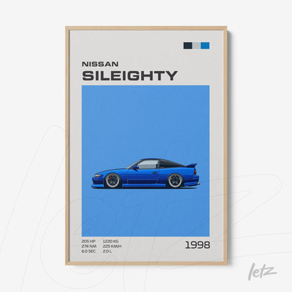 framed art print featuring the Nissan Sil80 car illustration with a vibrant blue background and light frame