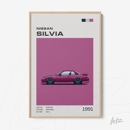 framed wall art featuring a digital illustration of a 1991 Nissan Silvia on a pink background with a light wooden frame