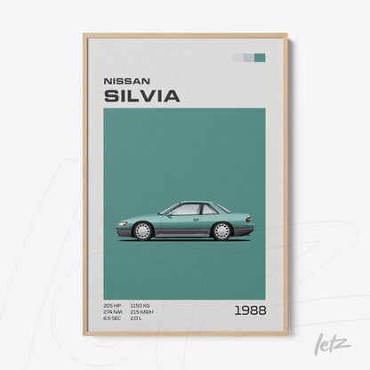 framed vintage illustration of 1988 Nissan Silvia in light wood frame