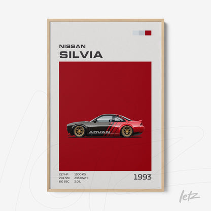 minimalist wall art featuring Nissan Silvia car in red with white accents, framed in light wood