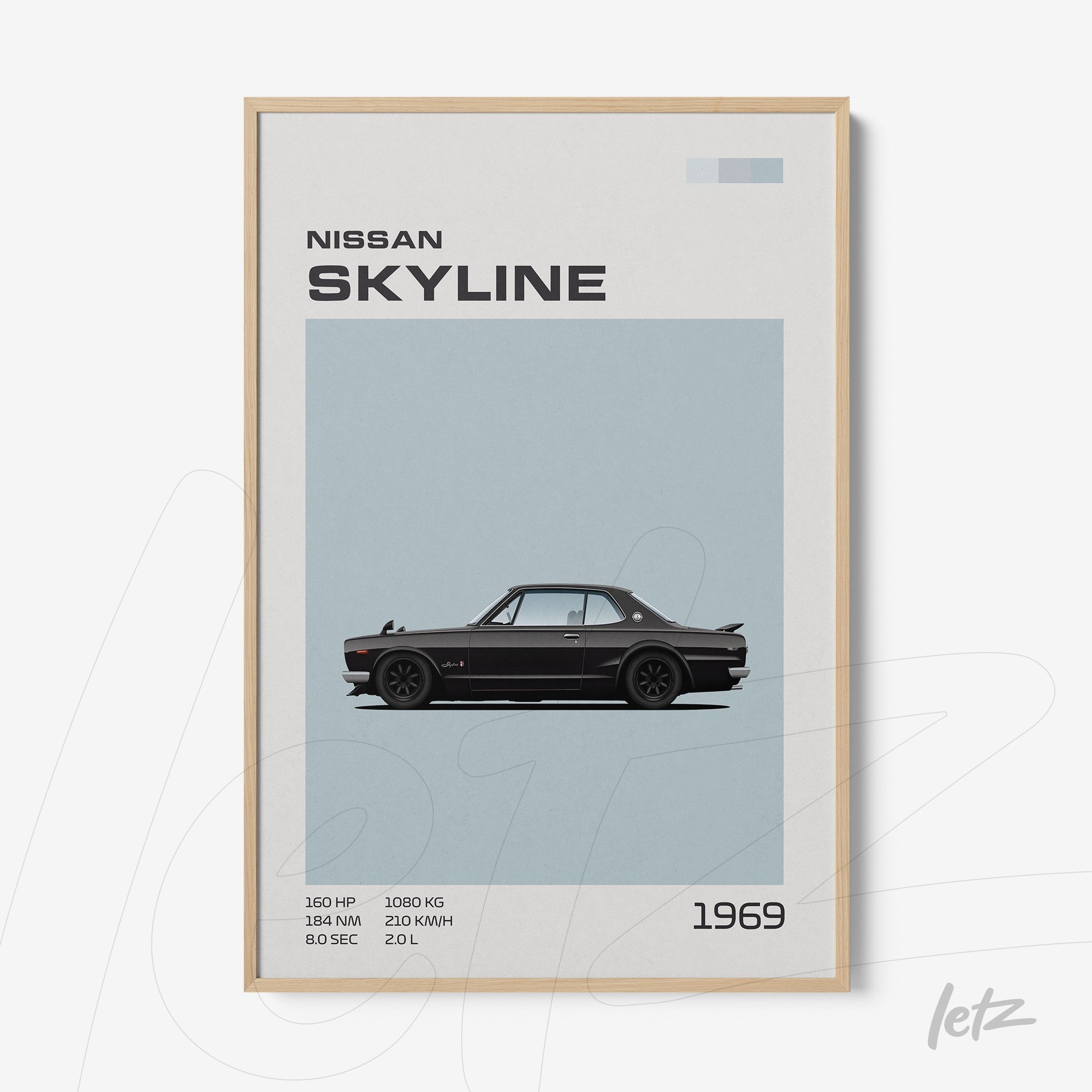 framed wall art featuring a stylized illustration of the 1969 Nissan Skyline in a light wood frame set against a blue background