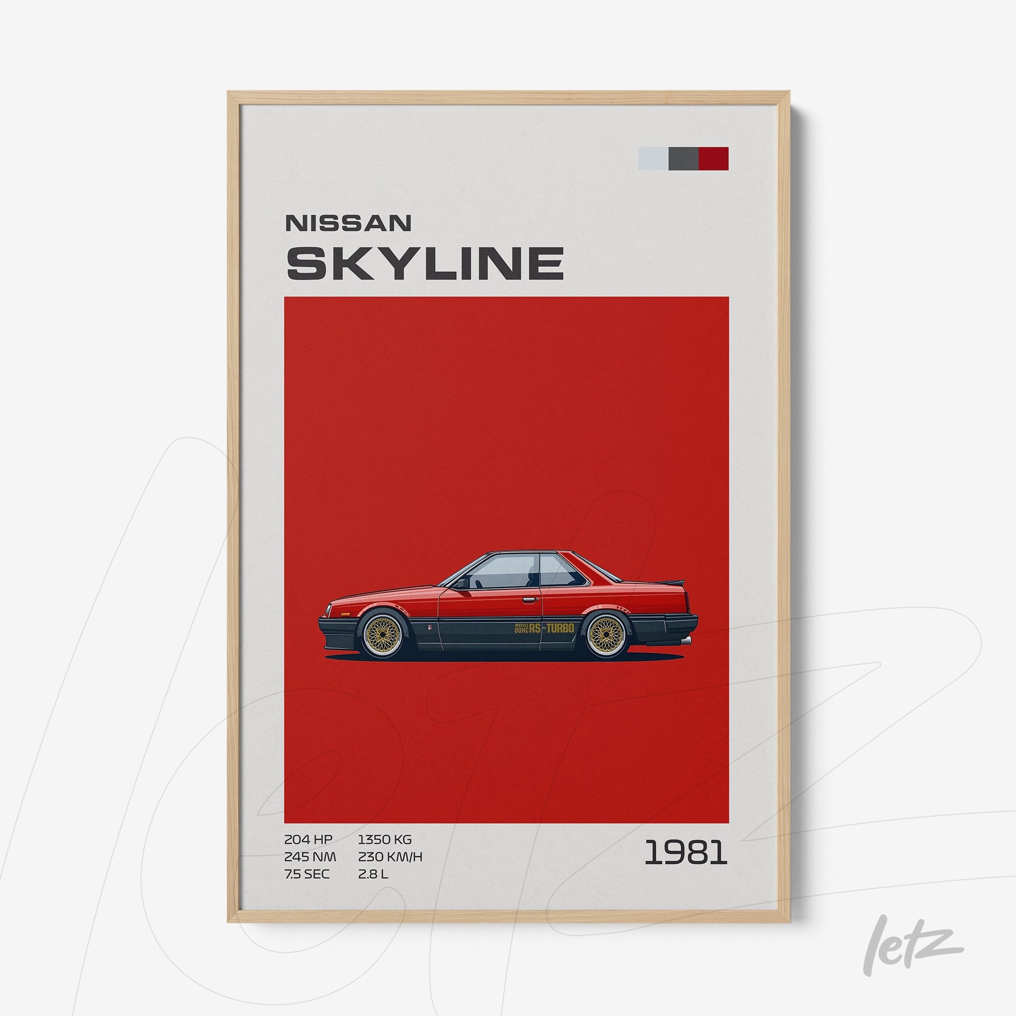 framed wall art featuring an illustration of a 1981 Nissan Skyline on a red background with light wooden frame