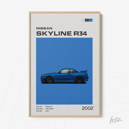 framed art featuring an illustration of Nissan Skyline R34 on a blue background with a light frame