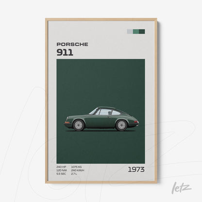 minimalist framed wall art of a 1973 Porsche 911 in light wood frame