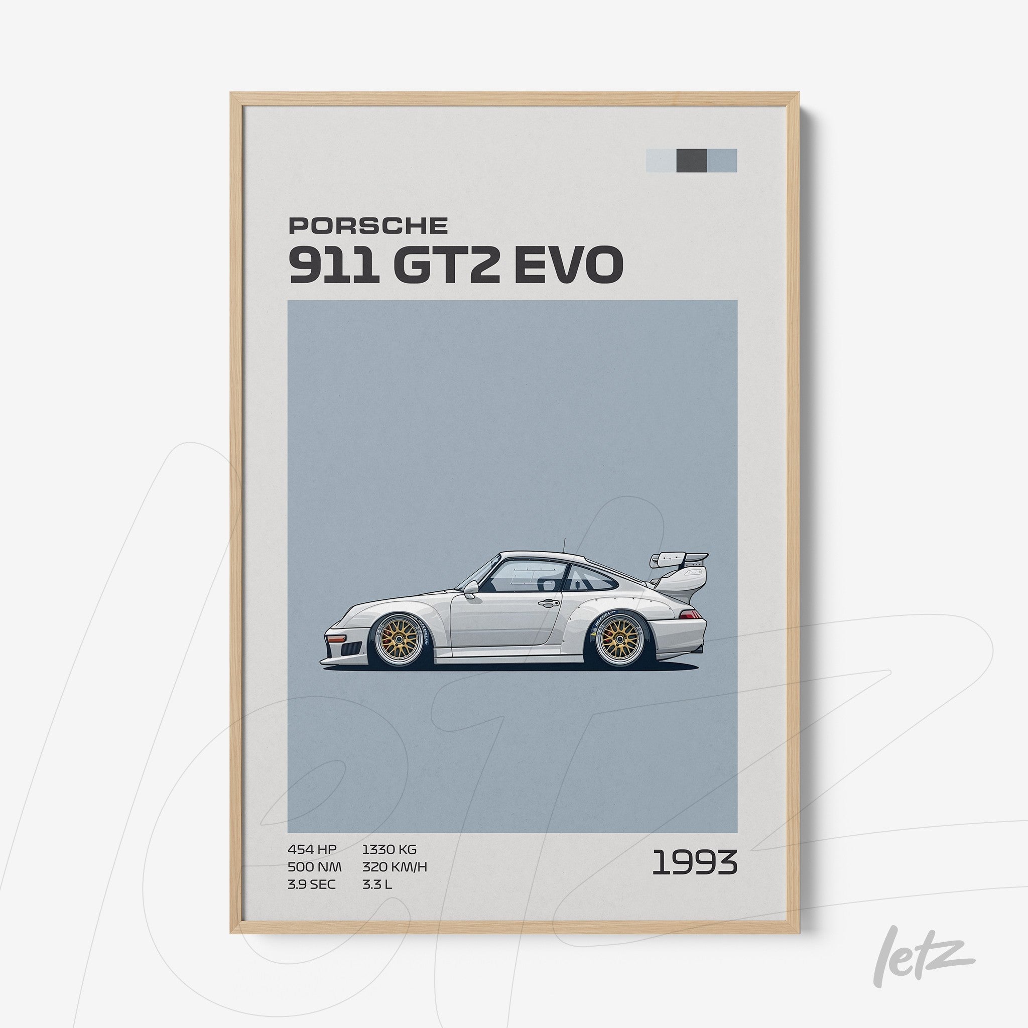 framed minimalist illustration of the 1993 Porsche 911 GT2 Evo with a light wood frame