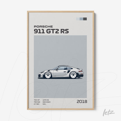 framed artwork of 2018 Porsche 911 GT2 RS in light wood frame