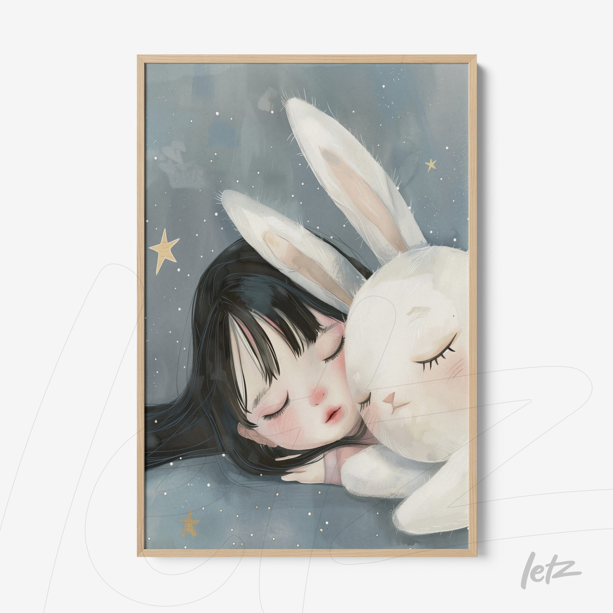 framed artwork of a sleeping girl next to a white bunny with a soft blue background