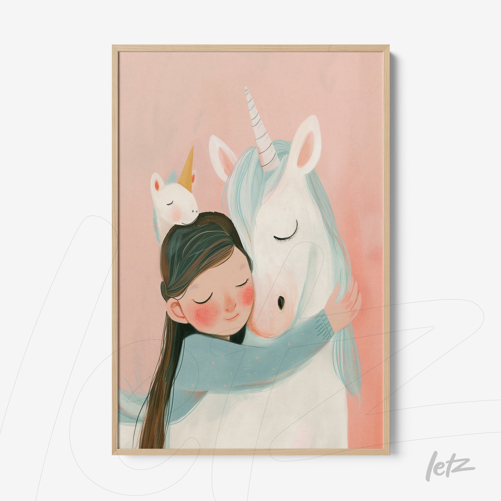 framed artwork featuring a girl hugging a unicorn with a light wooden frame and soft pink background
