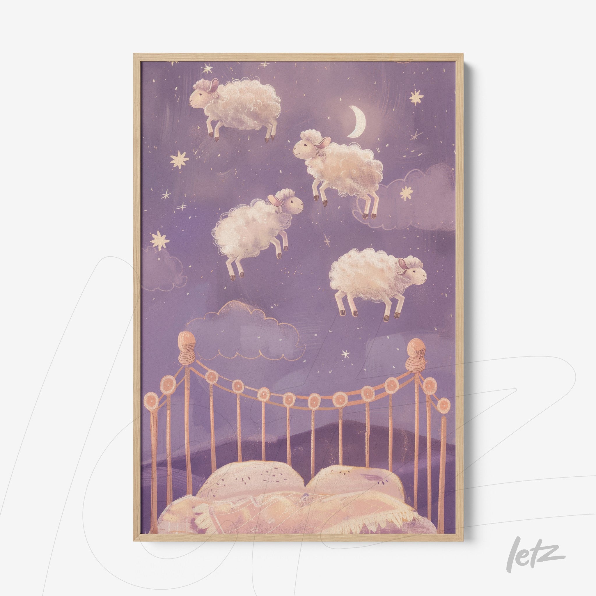 framed art depicting floating sheep in a starry purple sky with a light wood frame