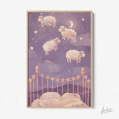 framed art depicting floating sheep in a starry purple sky with a light wood frame