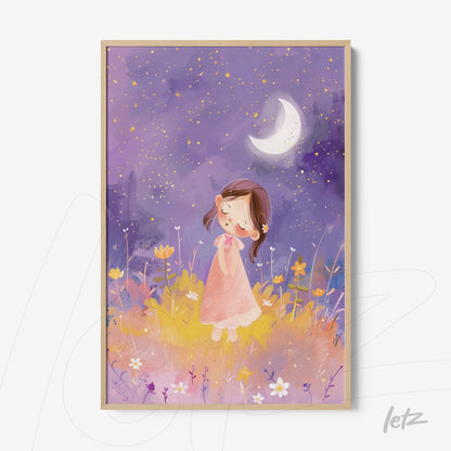 framed artwork featuring a gentle illustration of a girl in a flower field under a starry night sky with moon, light wood frame