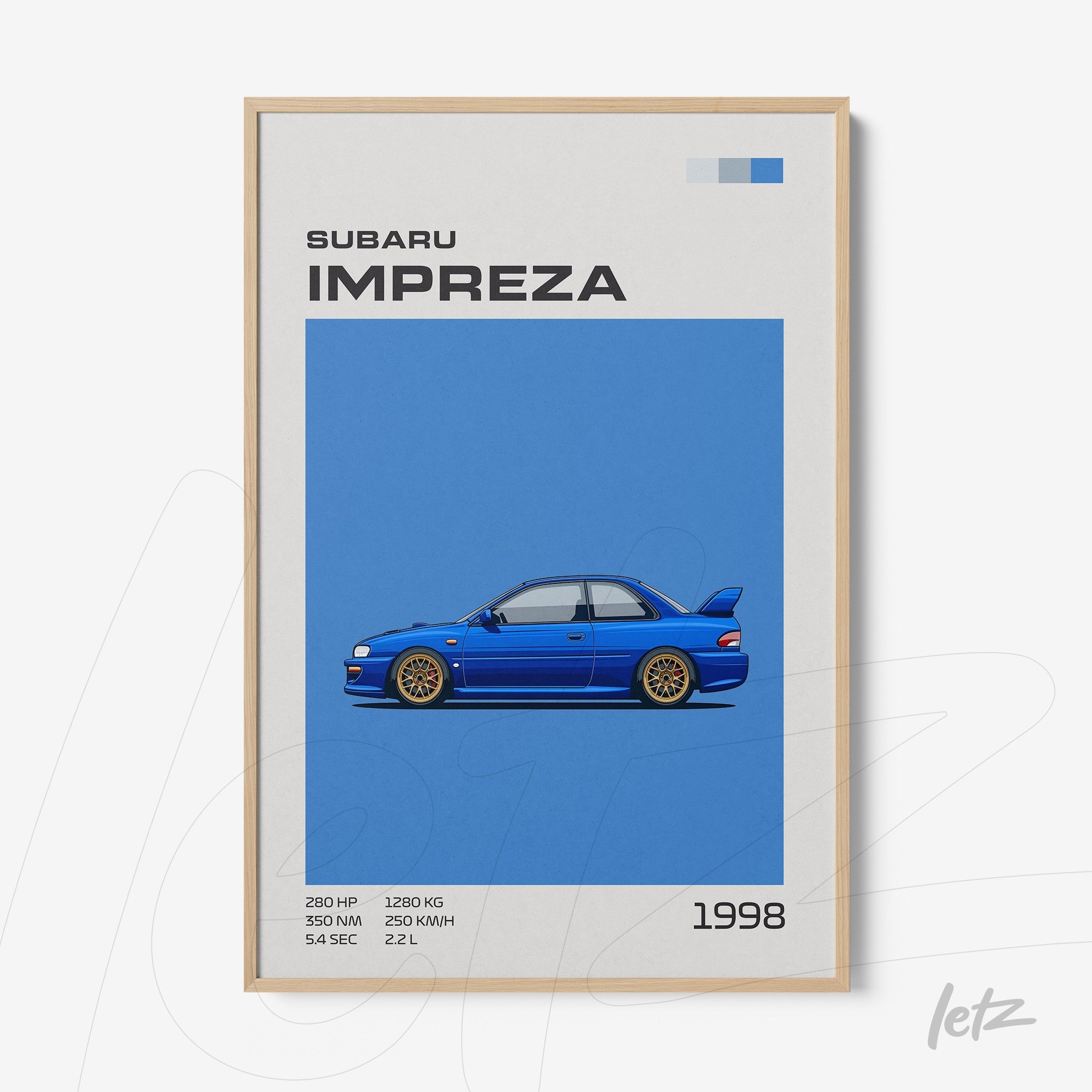 framed wall art featuring a 1998 Subaru Impreza on a blue background with light wooden frame