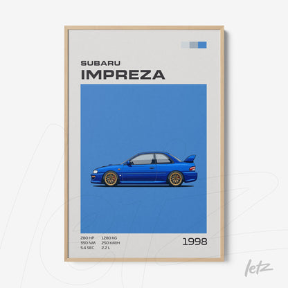 framed wall art featuring a 1998 Subaru Impreza on a blue background with light wooden frame