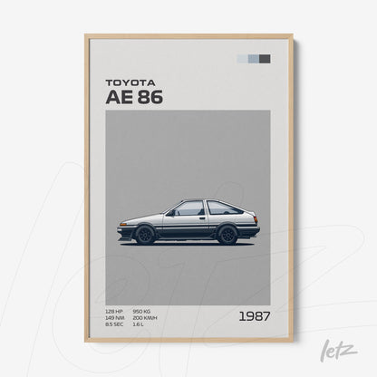 framed minimalist art of Toyota AE86 car with light wood frame and gray background