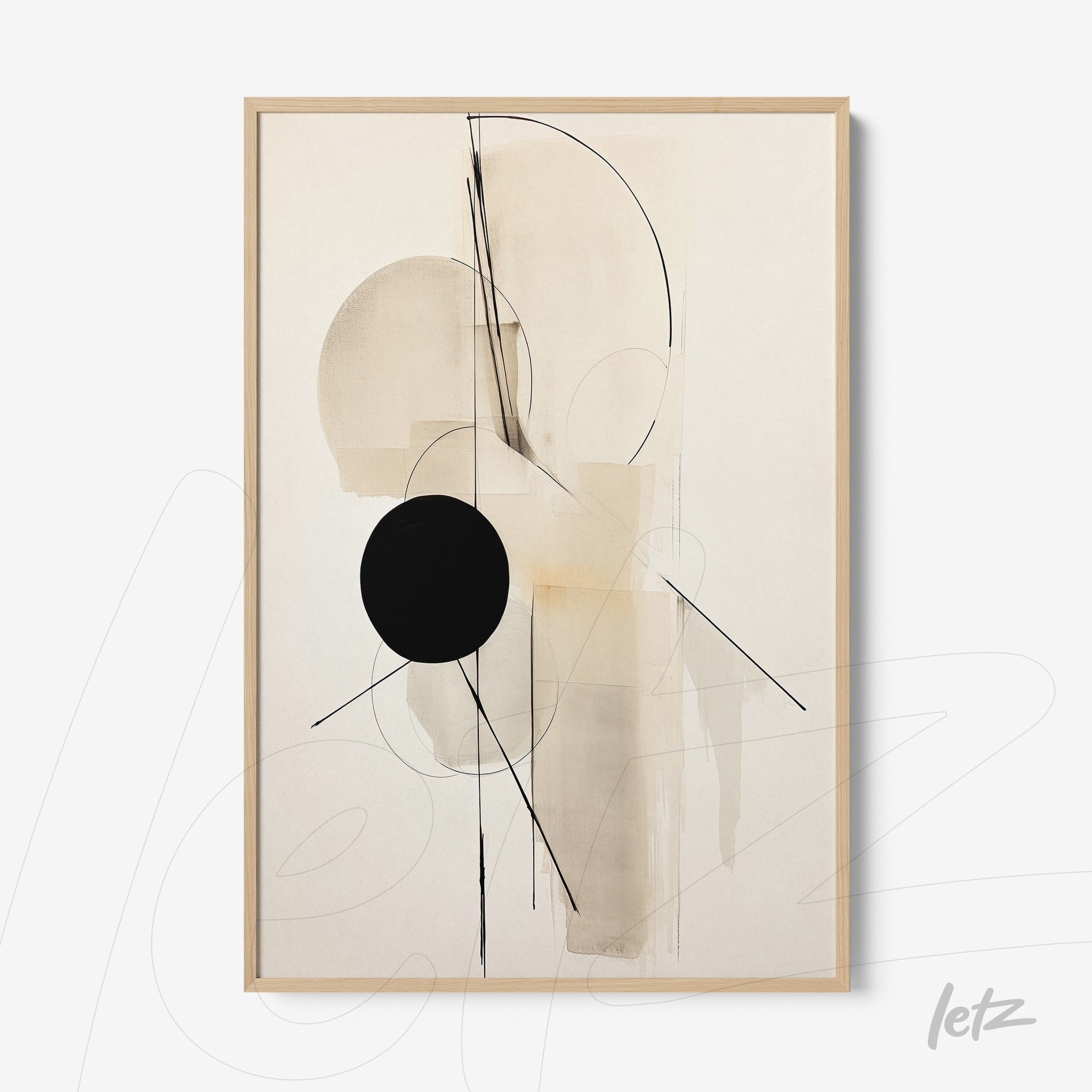 abstract wall art in light tones featuring geometric shapes with light wood frame