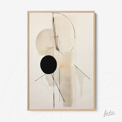 abstract wall art in light tones featuring geometric shapes with light wood frame