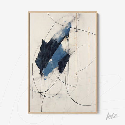 abstract wall art featuring geometric shapes in blue and black with light wooden frame