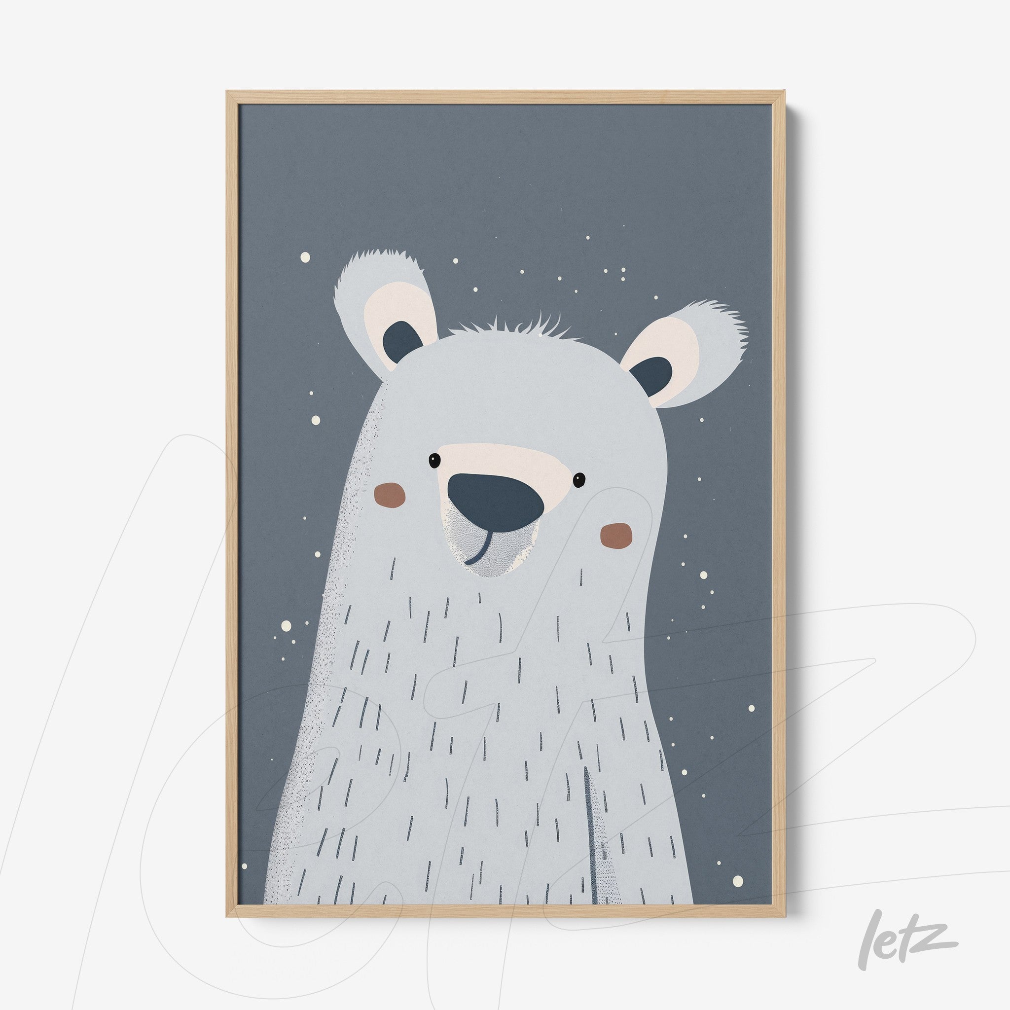 framed art with a playful illustration of a polar bear on a blue background with a light frame