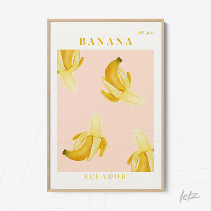 framed wall art featuring bananas on a pink background with 'Ecuador' and 'Banana' text