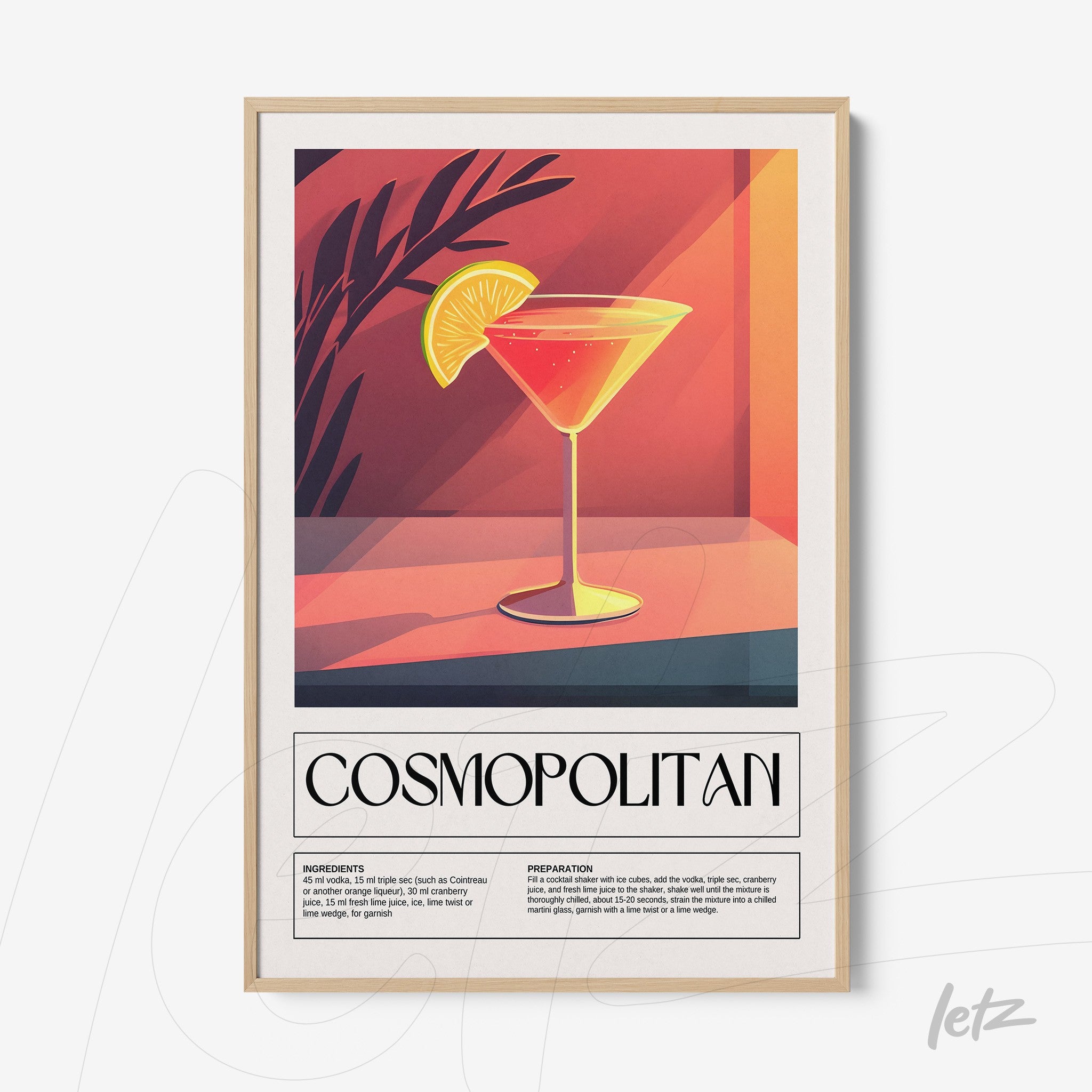 framed art print featuring a stylized cosmopolitan cocktail with light frame and text detailing ingredients and preparation
