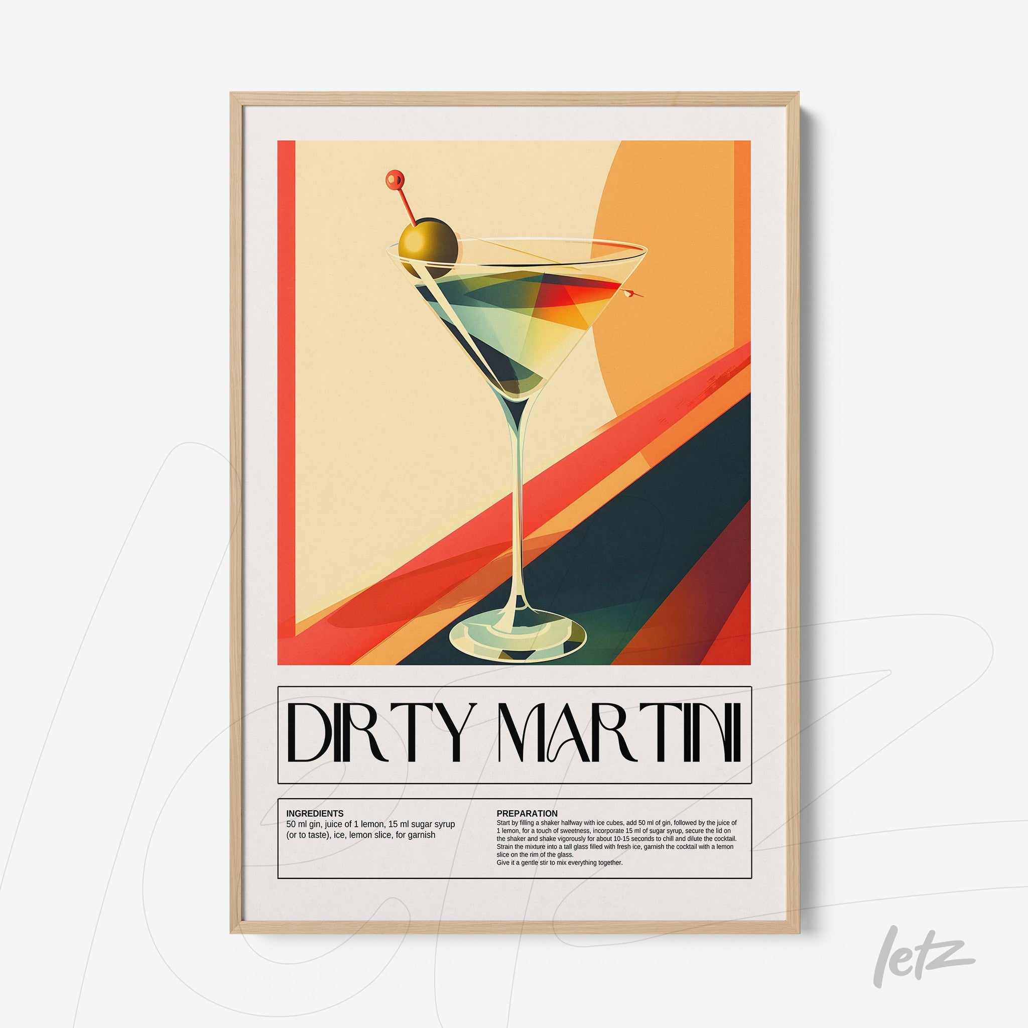 retro style framed art featuring a dirty martini cocktail with warm color background
