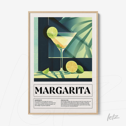 framed artwork of margarita cocktail in glass with sliced limes on a shadowed background, light wood frame