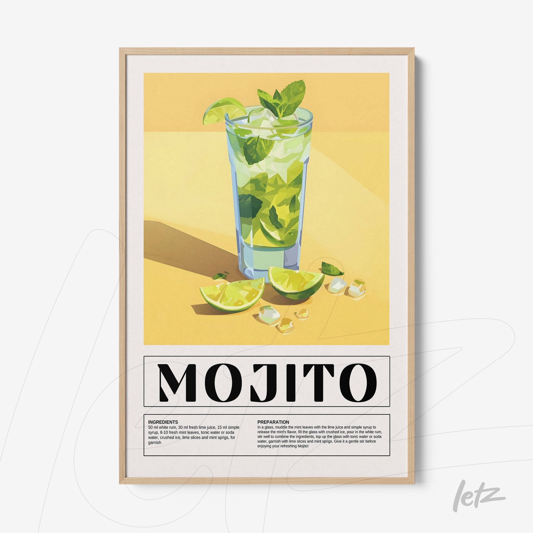 framed wall art featuring a mojito cocktail in a tall glass with limes and mint leaves on a yellow background